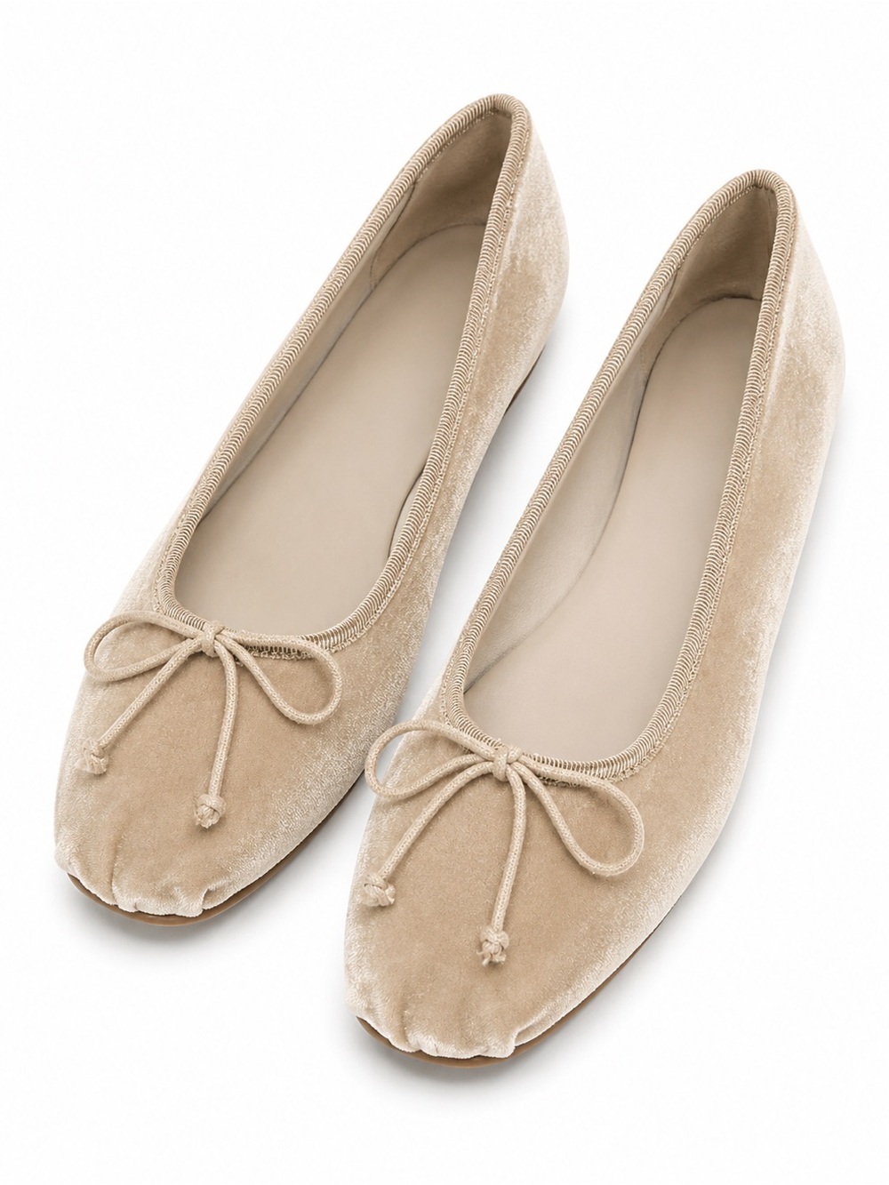 MNG Women’s Beige Velvet Ballet Flats - Bow Detail. Size: EU 39 US 8.5